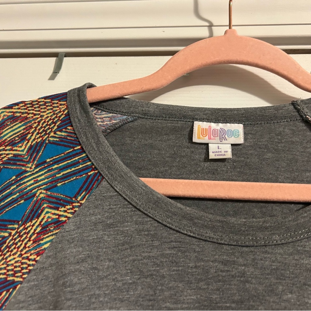 LuLaRoe Gray Top with Vibrant Patterned Sleeves